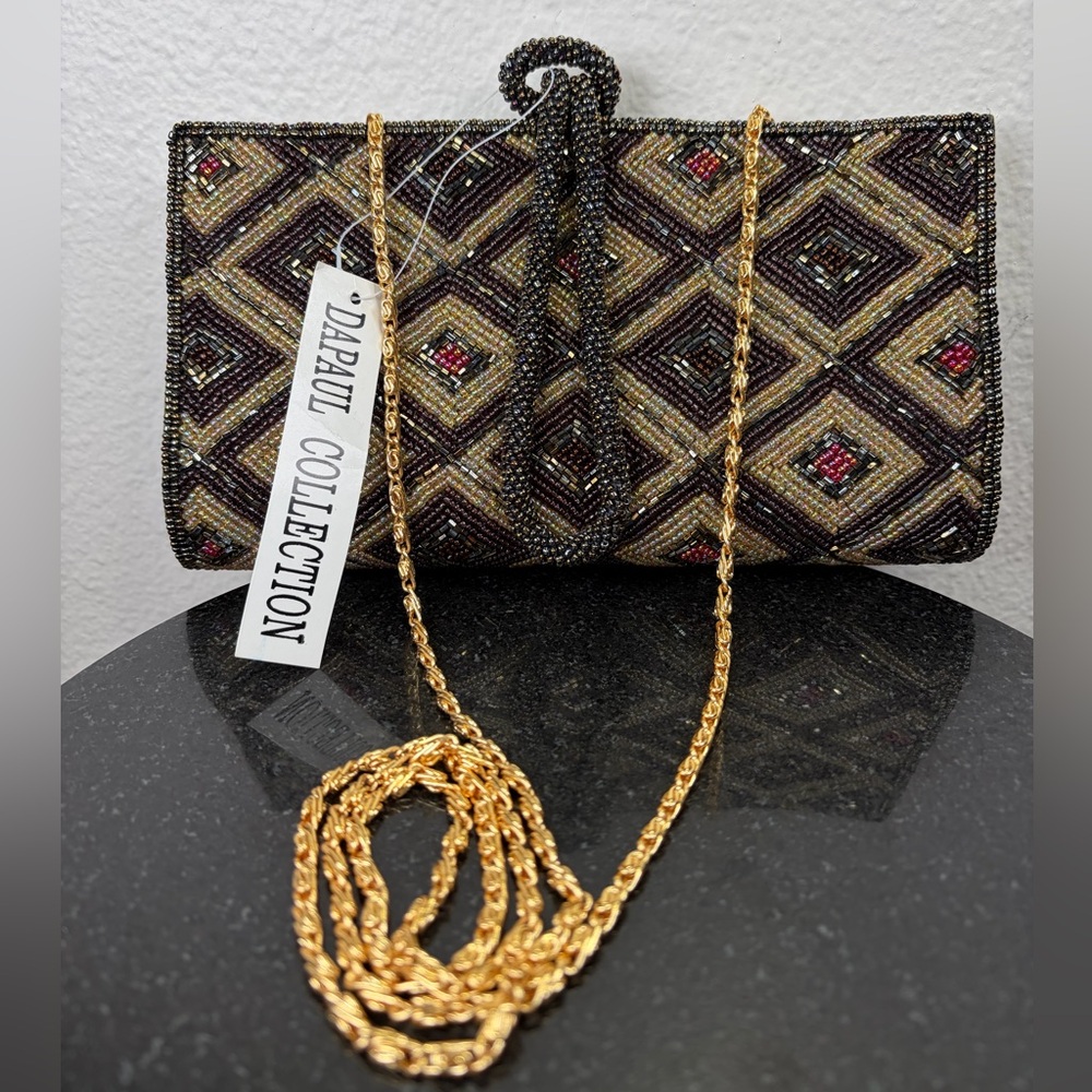 DePaul Collection NWT Beaded Clutch bag with Gold Strap and Olive Satin Interior